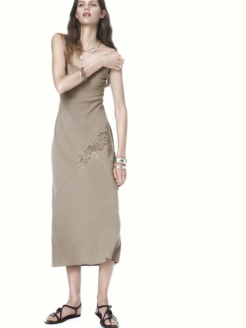 Zara Tan Lace-Trim Slip Midi Dress